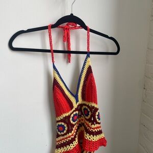70s inspired colorful crochet cropped tie-adjustable halter
